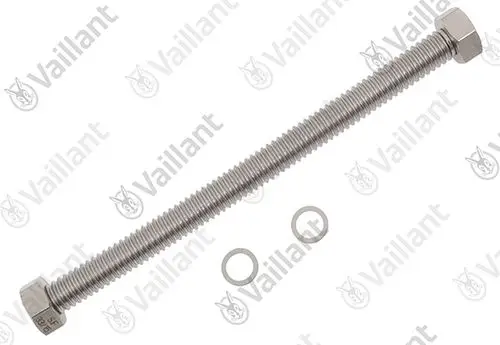 Vaillant Metallbolzen mit zwei Unterlegscheiben, gerillt, im Vordergrund auf weißem Hintergrund.